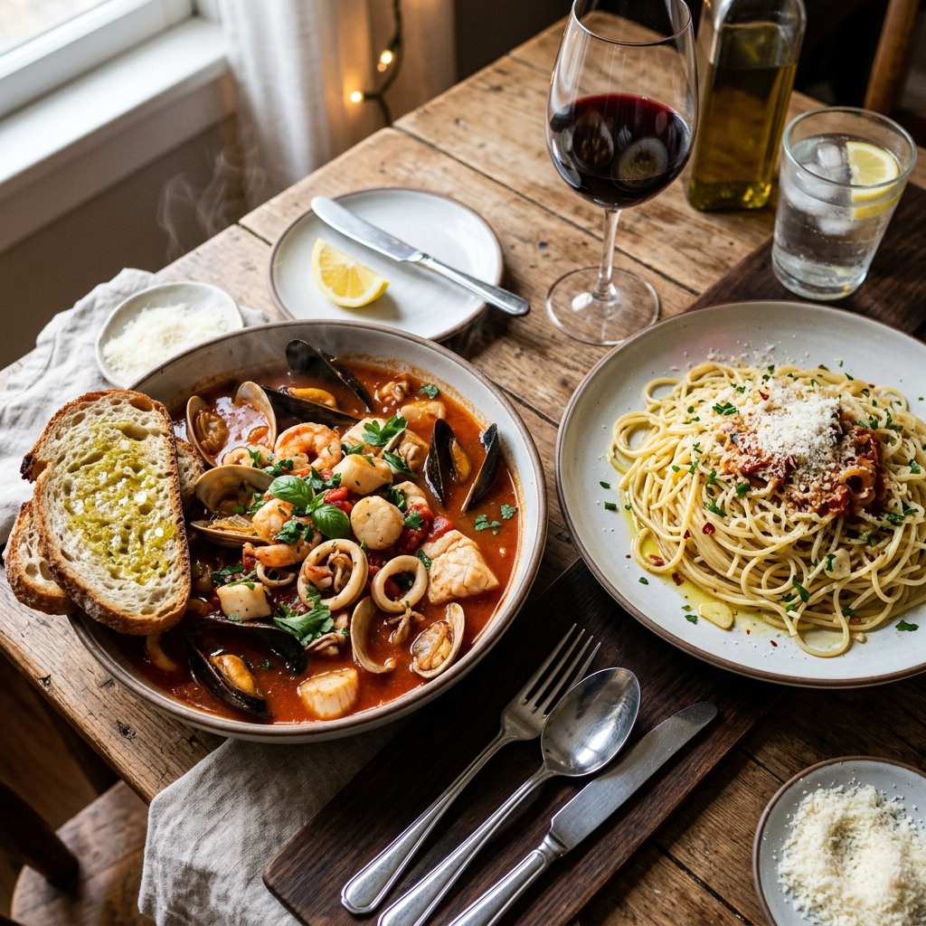 Seafood stew, spaghetti, wine, garlic bread, and water on a rustic table